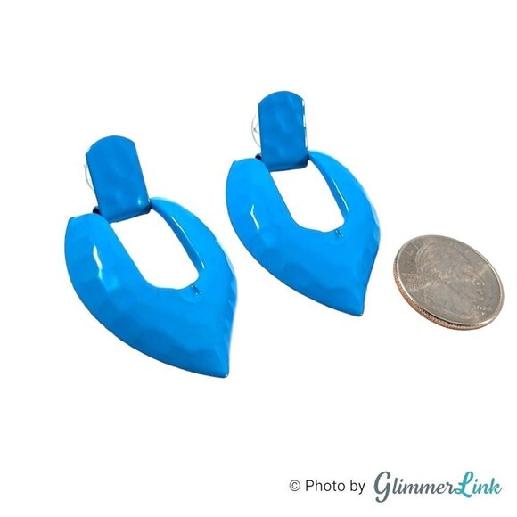 Vintage 80s Blue Hammered Enamel Door Knocker Pierced Earrings - Picture 4 of 7